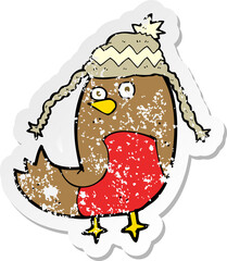 retro distressed sticker of a cartoon robin in hat