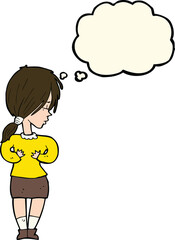 cartoon shy woman with thought bubble