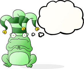thought bubble cartoon nervous frog wearing jester hat