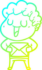 cold gradient line drawing laughing cartoon man with parcel