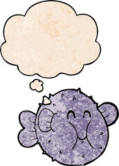cartoon puffer fish and thought bubble in grunge texture pattern style
