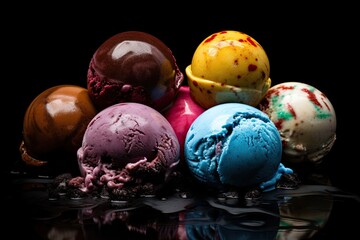 Fototapeta na wymiar Delicious Scoop of Ice Cream on a Black Background - Creamy, Sweet and Colourful Swirls of Gelato Delight: Generative AI