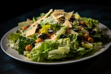 Salade César, Salade composée de produits frais de saison présentée dans un plat sur une table dans la cuisine