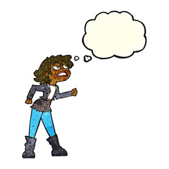 cartoon angry biker girl with thought bubble