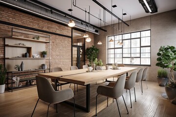 Fototapeta na wymiar Modern Corporate Communication Zone: Generative Meeting Space in a Loft-Style Office Interior. Generative AI