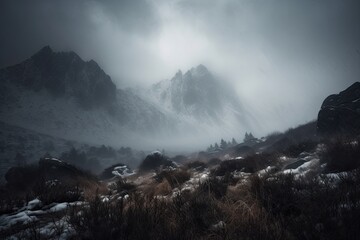 Moody Winter Meteorology: Skittish Atmosphere and Blizzard-Like Storms Amidst Snowy Mountain Peaks: Generative AI