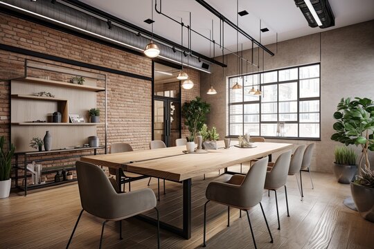 Modern Corporate Communication Zone: Generative Meeting Space in a Loft-Style Office Interior. Generative AI