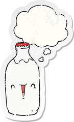 cute cartoon milk bottle and thought bubble as a distressed worn sticker
