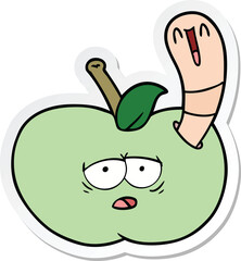 sticker of a cartoon worm in apple