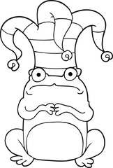 black and white cartoon nervous frog wearing jester hat