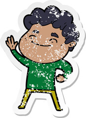 distressed sticker of a cartoon friendly man
