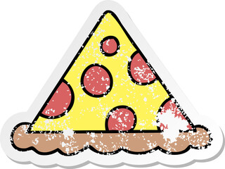 distressed sticker of a quirky hand drawn cartoon slice of pizza