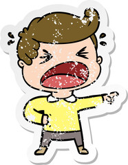 distressed sticker of a cartoon shouting man pointing finger