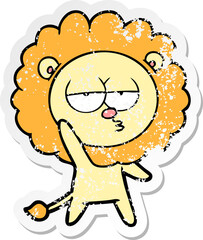 distressed sticker of a cartoon bored lion waving