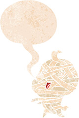 cartoon halloween mummy and speech bubble in retro textured style