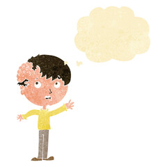 cartoon boy with growth on head with thought bubble