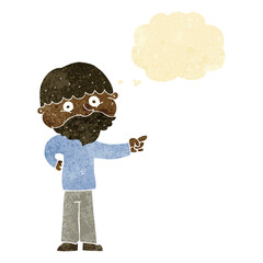 cartoon bearded man pointing with thought bubble