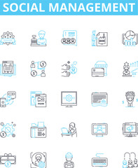 Social management vector line icons set. Networking, Promoting, Branding, Organizing, Marketing, Analyzing, Collaborating illustration outline concept symbols and signs