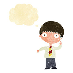 cartoon school boy with idea with thought bubble