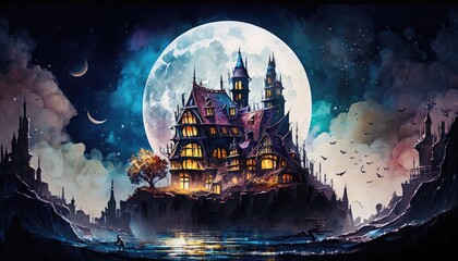 Mystical palace under the full moon, generative ai