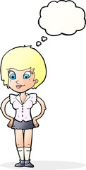 cartoon pretty woman with hands on hips with thought bubble