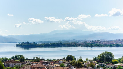 Panoramic view of city and Lake Ioannina or Lake Pamvotida Pamvotis Epirus Greece travel destination.