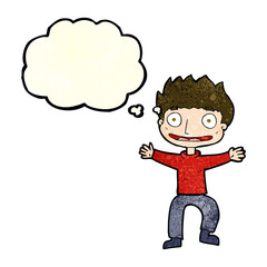 cartoon grinning boy with thought bubble