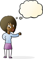 cartoon woman making welcome gesture with thought bubble