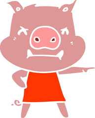 angry flat color style cartoon pig in dress pointing