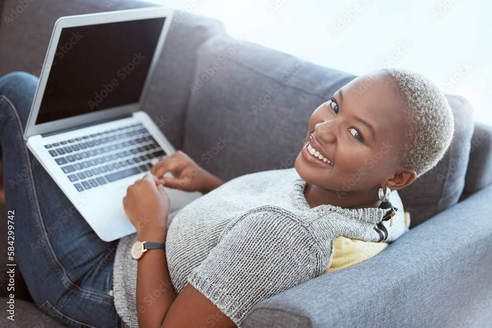 Sticker Happy black woman, portrait and sofa with laptop mockup to search social media, online shopping or download. Female relax on couch with computer technology, mock up and internet blogging with smile