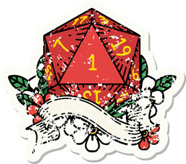 natural one d20 dice roll grunge sticker