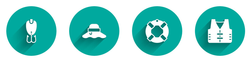 Set Fishing lure, Fisherman hat, Lifebuoy and jacket icon with long shadow. Vector