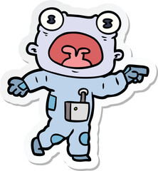 sticker of a cartoon weird alien communicating