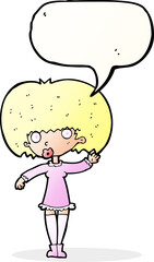 cartoon waving girl with speech bubble