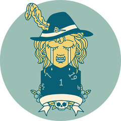 crying orc bard character with natural one D20 roll illustration