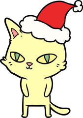 line drawing of a cat with bright eyes wearing santa hat