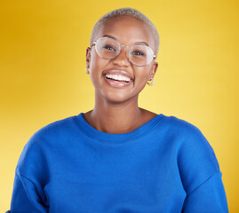 Young black woman, studio portrait and smile with glasses, eye health or fashion frame by yellow...