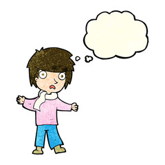 cartoon unhappy boy with thought bubble