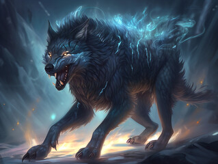 the mighty fenrir, legendary wolf of norse legends, generative AI - obrazy, fototapety, plakaty