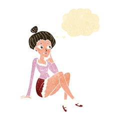cartoon attractive woman sitting thinking with thought bubble