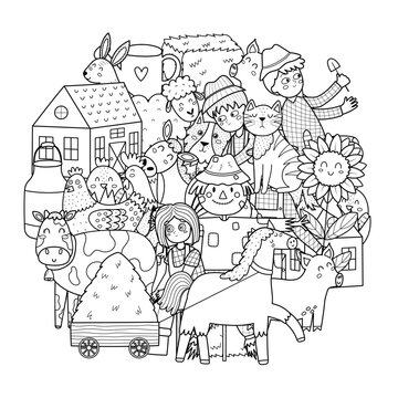 Cute farm characters circle shape coloring page. Doodle mandala with animals and farmers for coloring book. Outline background. Vector illustration