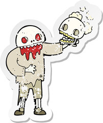 retro distressed sticker of a cartoon zombie holding a skull