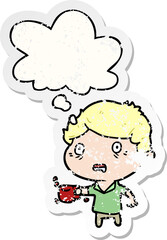 cartoon man with cup of coffee and thought bubble as a distressed worn sticker