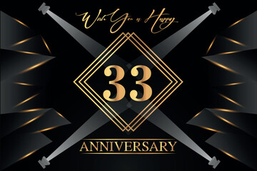33 year anniversary celebration luxury golden color logo design with elegance gold line and number on black background
