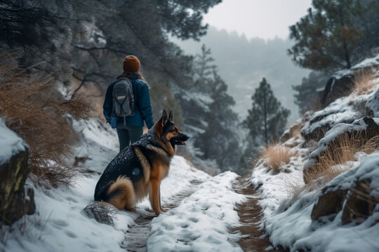 A hiker with dog hiking in a snow mountain, together, active healthy lifestyle adventure journey, generative ai