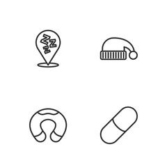 Set line Sleeping pill, Travel neck pillow, Sleepy and hat icon. Vector