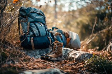 Close up of a hiking boots and mountain bag in forest, hiking background, generative ai