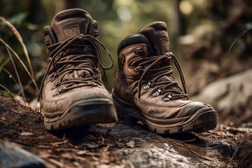 Close up of a hiking boots in forest, hiking background,