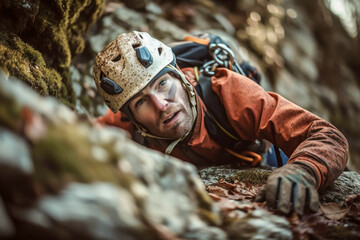 a man climbing on rock, mountain at sunset. Adrenaline, strenght, ambition