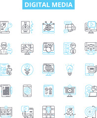 Digital media vector line icons set. Digital, Media, Technology, Advertising, Social, Platforms, Online illustration outline concept symbols and signs
